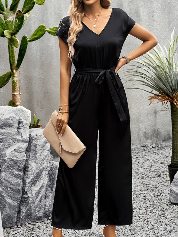 Women's Elegant Solid Color V Neck Jumpsuit - Jumpsuit
