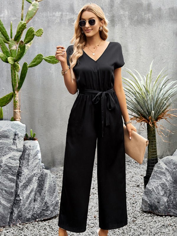 Women's Elegant Solid Color V Neck Jumpsuit - Jumpsuit