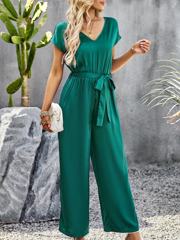 Women's Elegant Solid Color V Neck Jumpsuit - Jumpsuit