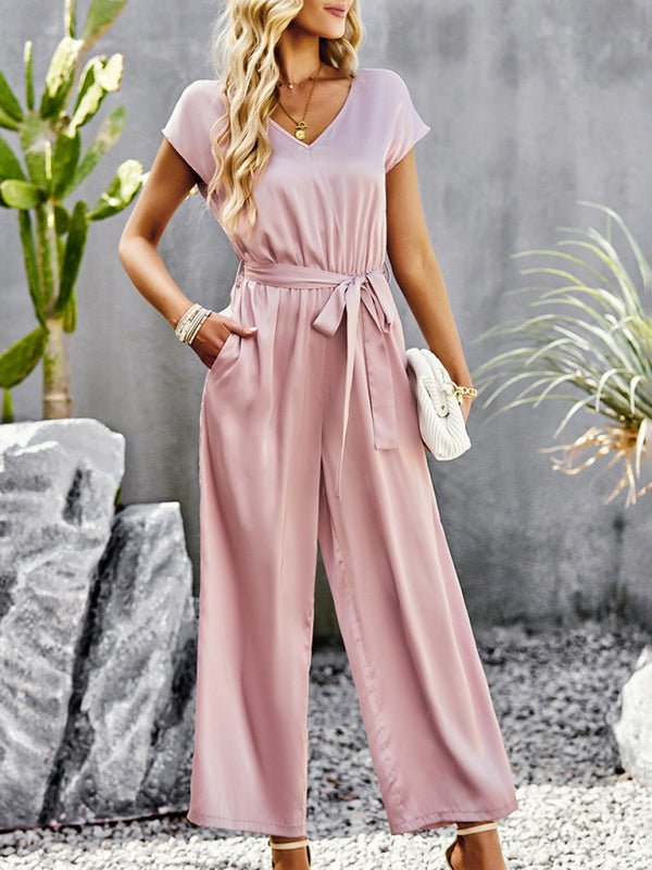 Women's Elegant Solid Color V Neck Jumpsuit - Jumpsuit