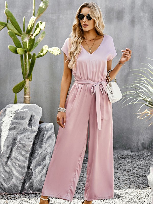 Women's Elegant Solid Color V Neck Jumpsuit - Jumpsuit
