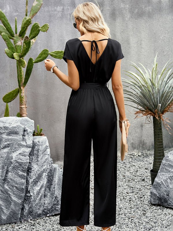 Women's Elegant Solid Color V Neck Jumpsuit - Jumpsuit
