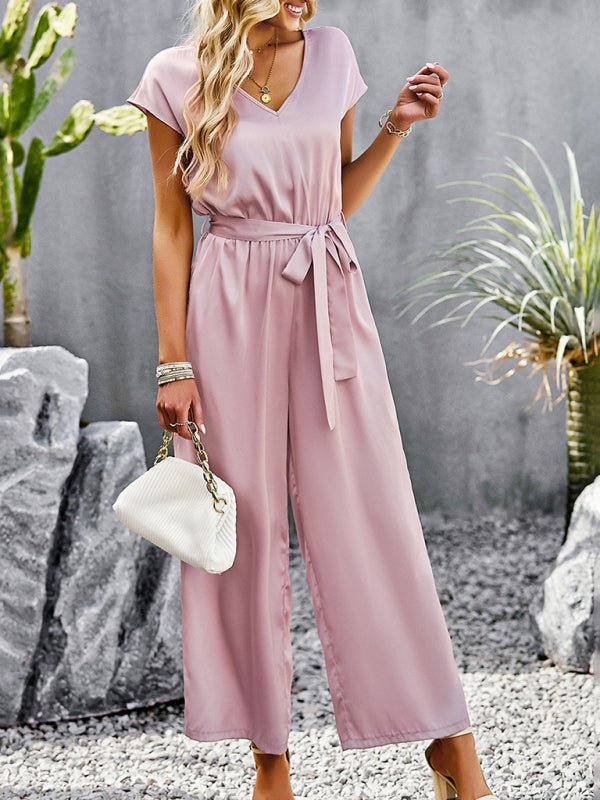 Women's Elegant Solid Color V Neck Jumpsuit - Jumpsuit