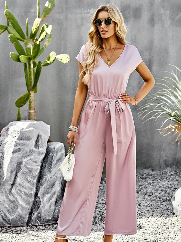 Women's Elegant Solid Color V Neck Jumpsuit - Jumpsuit