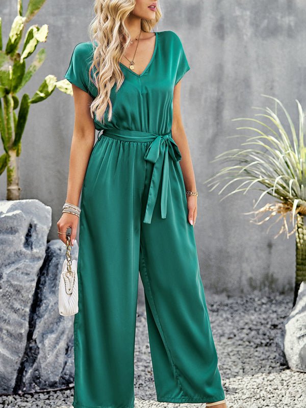 Women's Elegant Solid Color V Neck Jumpsuit - Jumpsuit