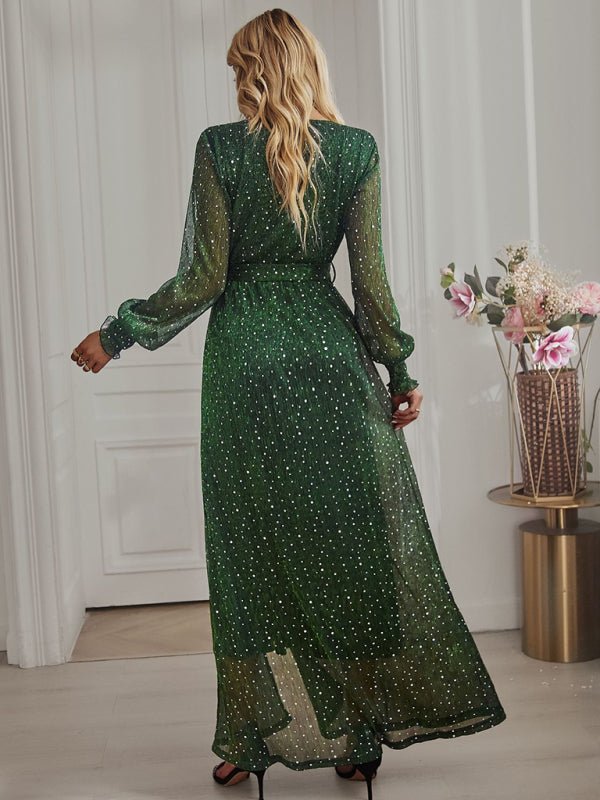 Women's Elegant V Neck Long Sleeve Waist Midi Dress - Formal Dress