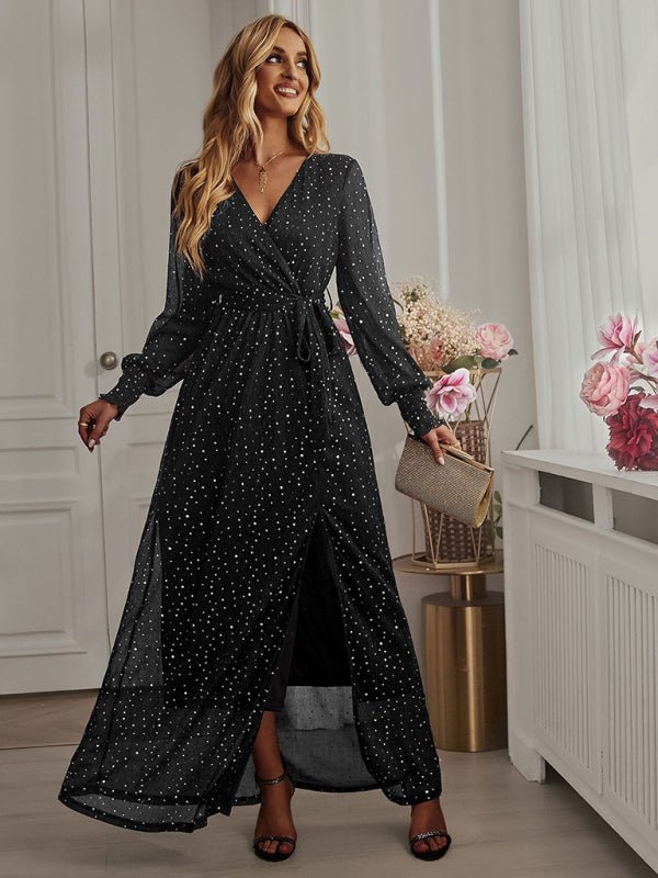 Women's Elegant V Neck Long Sleeve Waist Midi Dress - Formal Dress