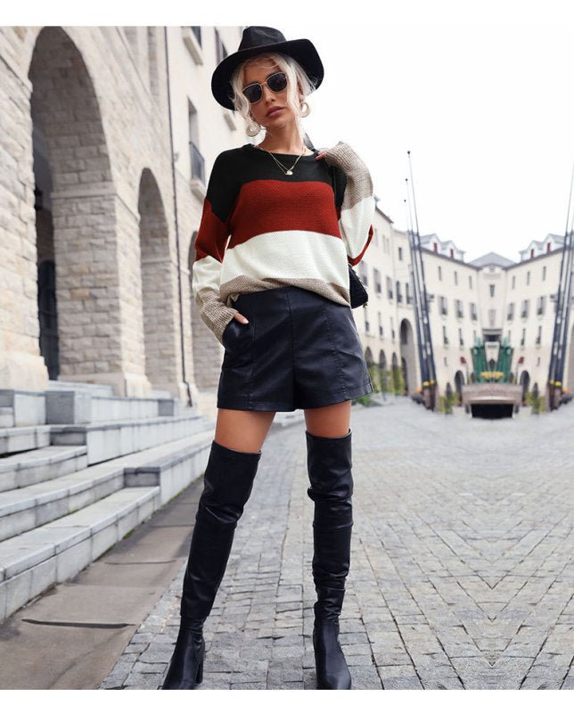 Women's Fall Loose Long Sleeve Colorblock Sweater - Outerwear