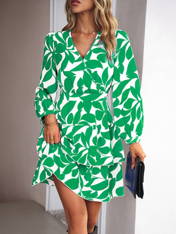 Women's Fashion Casual Printed V - Neck Dress - Day Dress