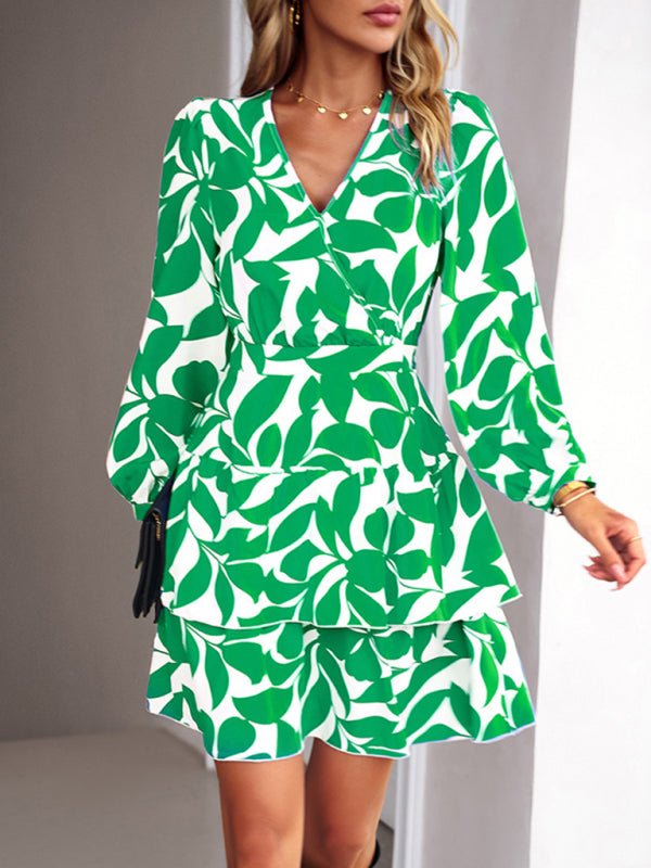 Women's Fashion Casual Printed V - Neck Dress - Day Dress