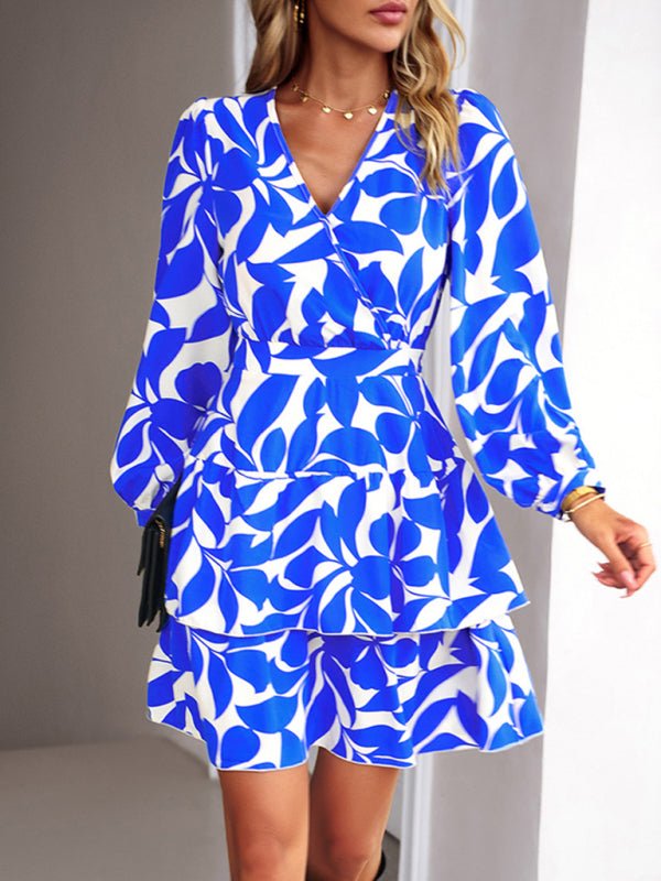 Women's Fashion Casual Printed V - Neck Dress - Day Dress