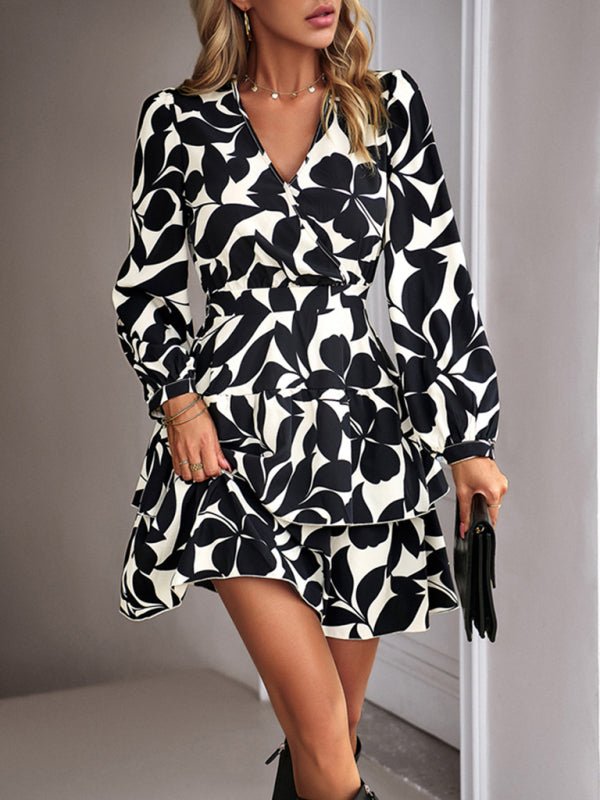 Women's Fashion Casual Printed V - Neck Dress - Day Dress