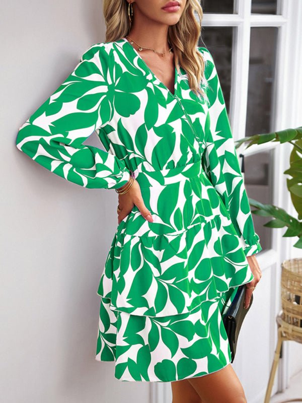 Women's Fashion Casual Printed V - Neck Dress - Day Dress