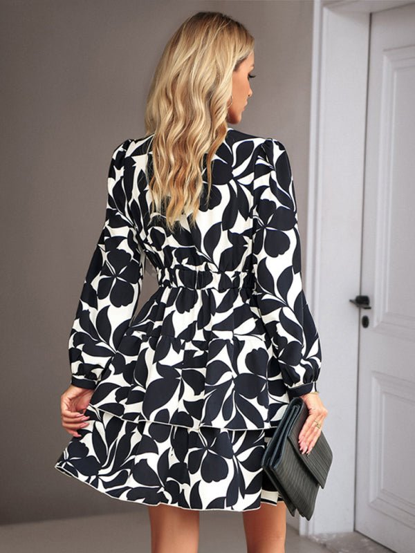 Women's Fashion Casual Printed V - Neck Dress - Day Dress