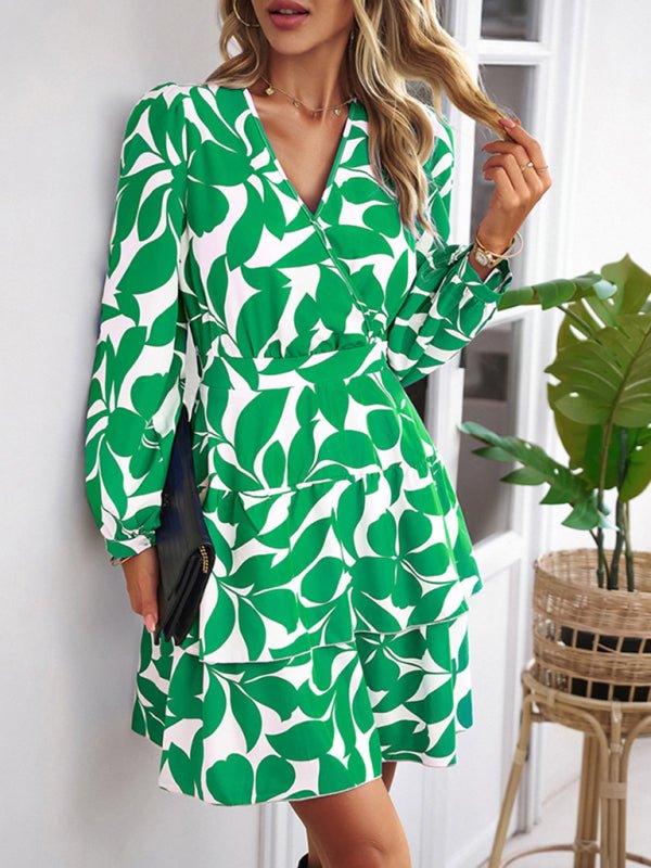 Women's Fashion Casual Printed V - Neck Dress - Day Dress