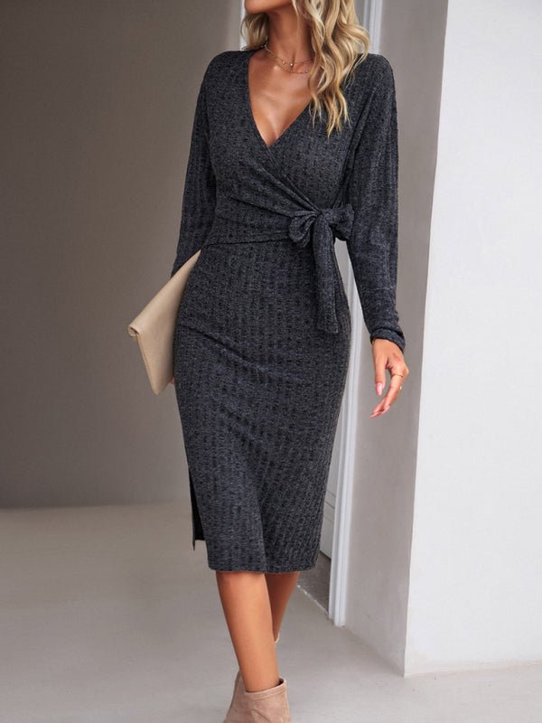 Women's Fashion Casual V - Neck Long - Sleeve Knitted Tie Dress - Sweater Dress
