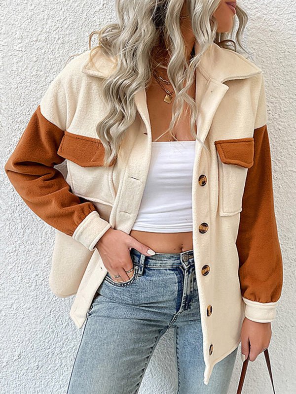 Women's fashion lapel color - block long - sleeved polar fleece jacket - Outerwear