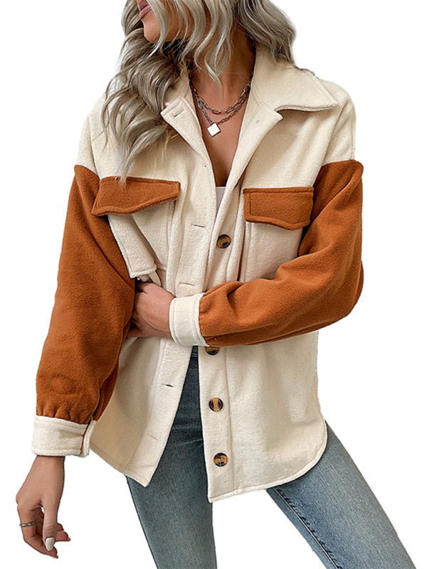 Women's fashion lapel color - block long - sleeved polar fleece jacket - Outerwear