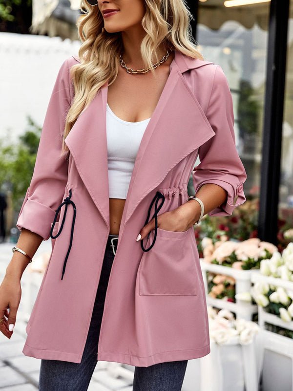 Women's fashion lapel drawstring trench coat - Outerwear