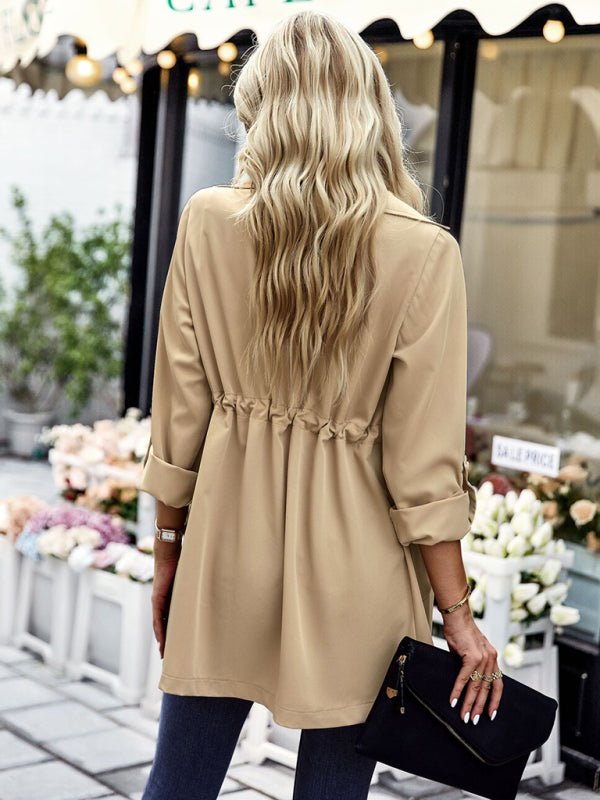 Women's fashion lapel drawstring trench coat - Outerwear