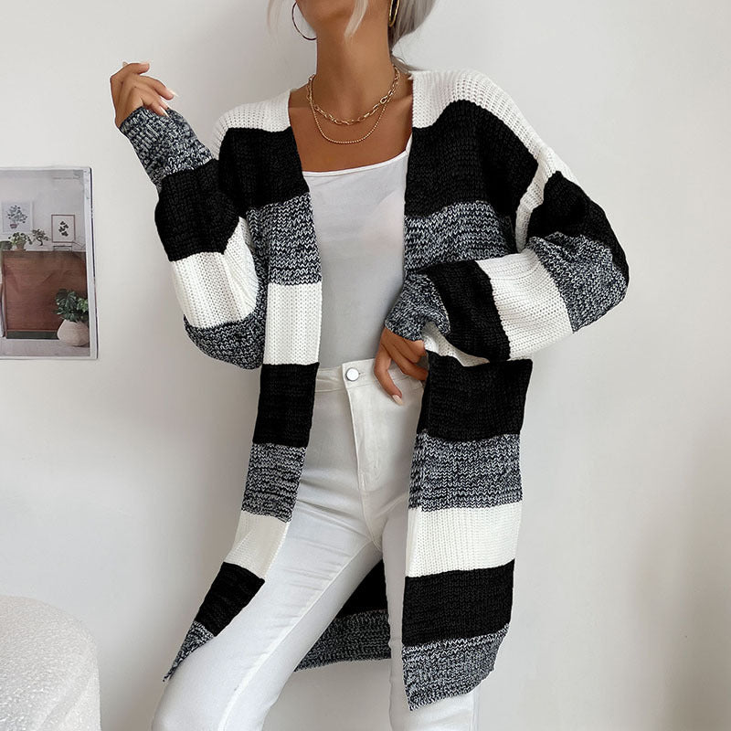 Women's Fashion New Arrival Long Buttonless Colorblock Sweater Jacket - Outerwear