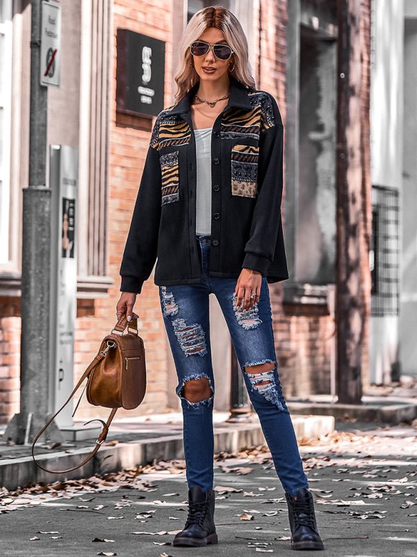 Women's fashion patchwork contrast loose coat - Outerwear