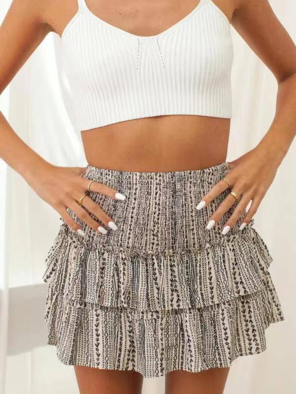 Women's Fashion Ruffled Floral Half - length Pleated Skirt - Bottoms