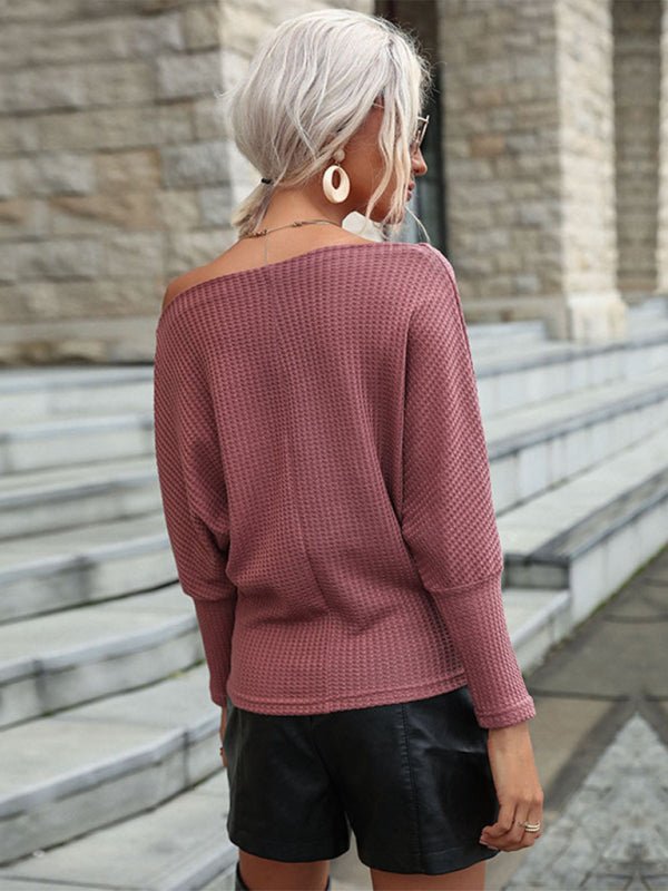 Women's Fashion Solid Color Long Sleeve Off Shoulder Knit Sweater - Outerwear