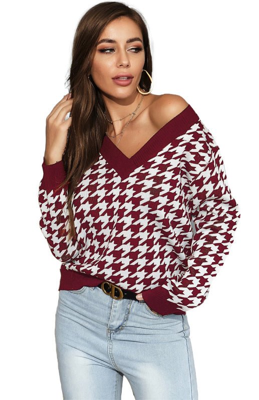 Women's Fashion Trend Houndstooth Sweater - Outerwear