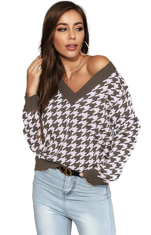Women's Fashion Trend Houndstooth Sweater - Outerwear