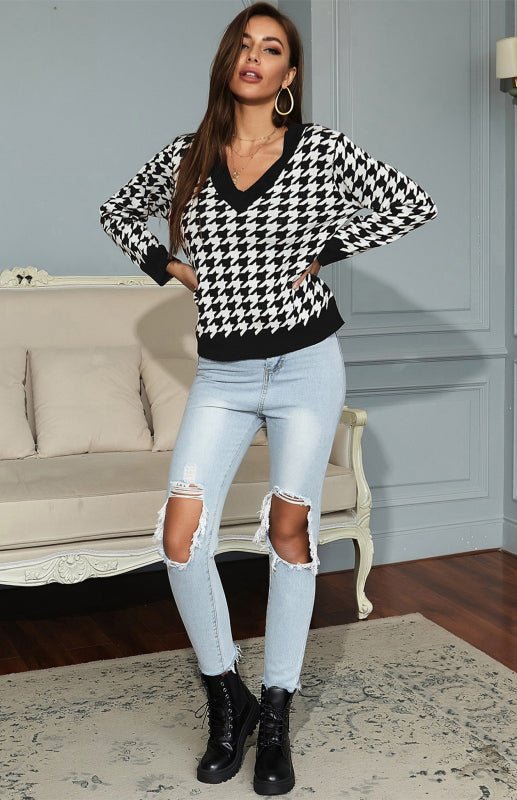 Women's Fashion Trend Houndstooth Sweater - Outerwear
