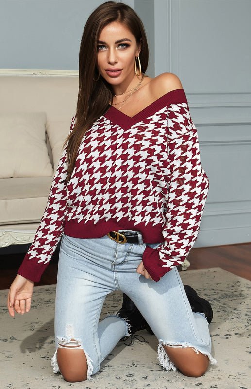 Women's Fashion Trend Houndstooth Sweater - Outerwear