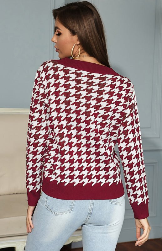 Women's Fashion Trend Houndstooth Sweater - Outerwear