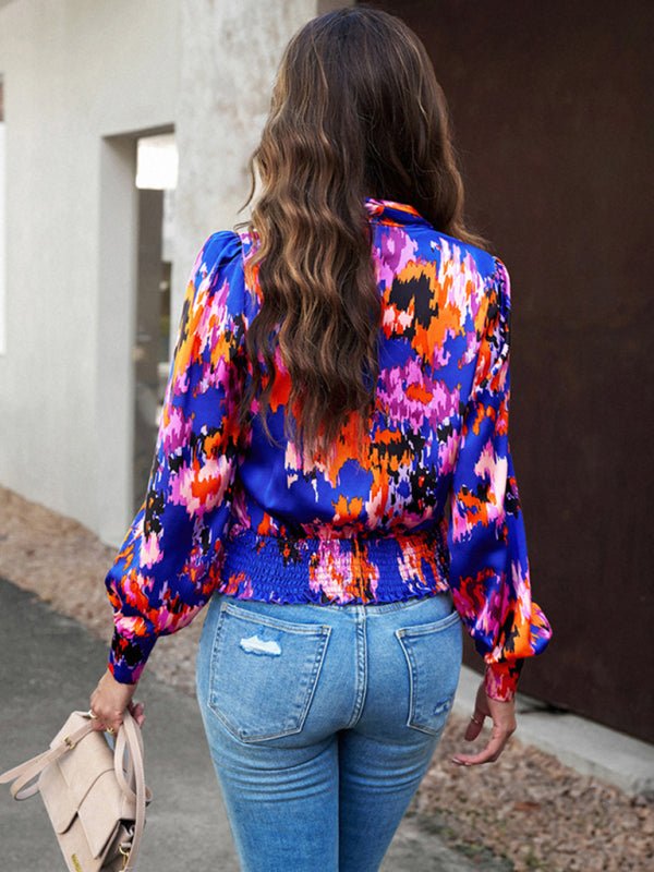 Women's Fashion Trendy Print Bubble Satin Top - Top