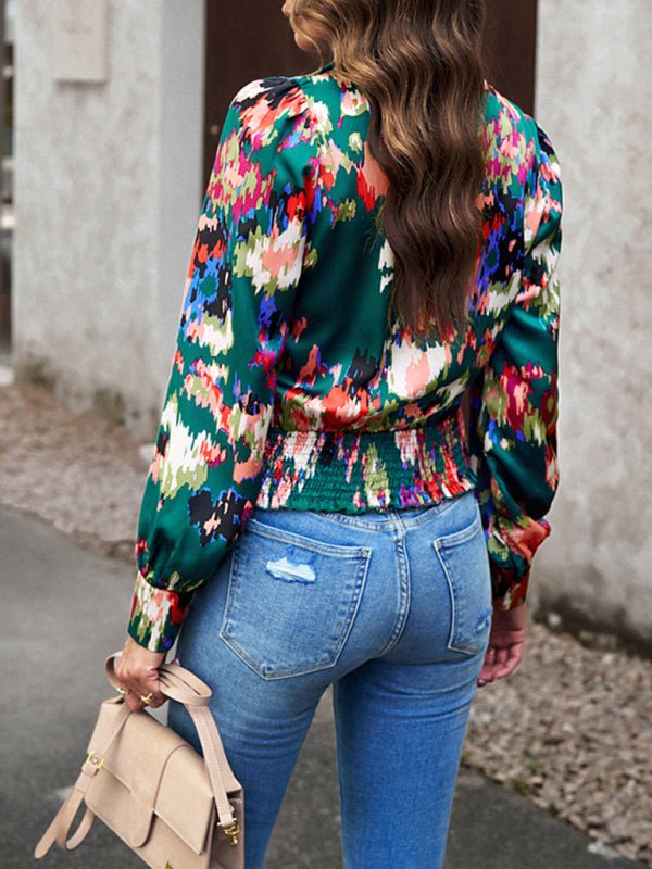 Women's Fashion Trendy Print Bubble Satin Top - Top