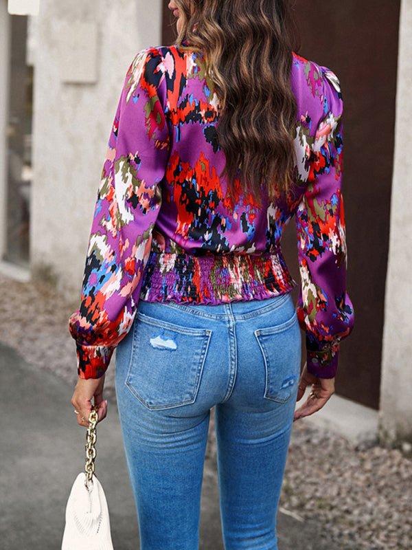 Women's Fashion Trendy Print Bubble Satin Top - Top