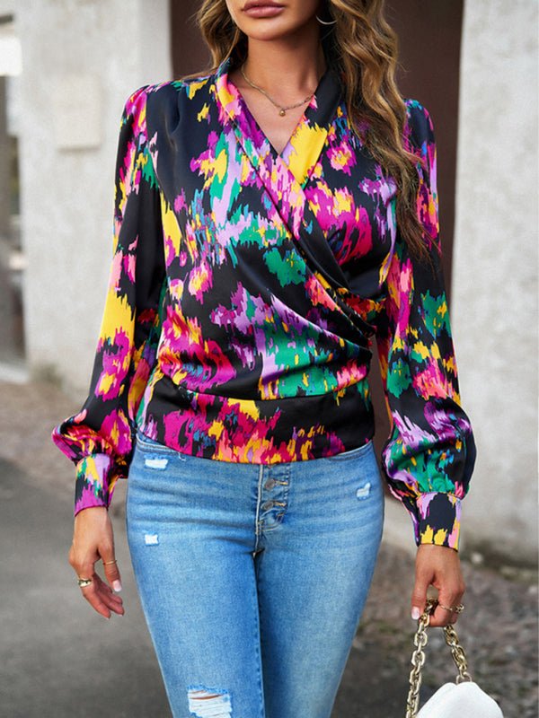 Women's Fashion Trendy Print Bubble Satin Top - Top