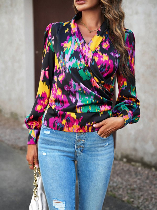 Women's Fashion Trendy Print Bubble Satin Top - Top