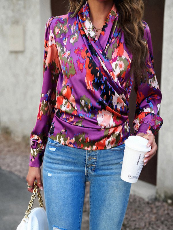 Women's Fashion Trendy Print Bubble Satin Top - Top