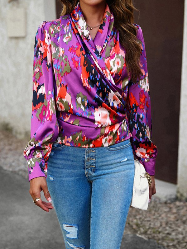 Women's Fashion Trendy Print Bubble Satin Top - Top