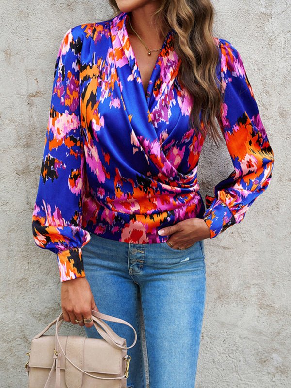 Women's Fashion Trendy Print Bubble Satin Top - Top