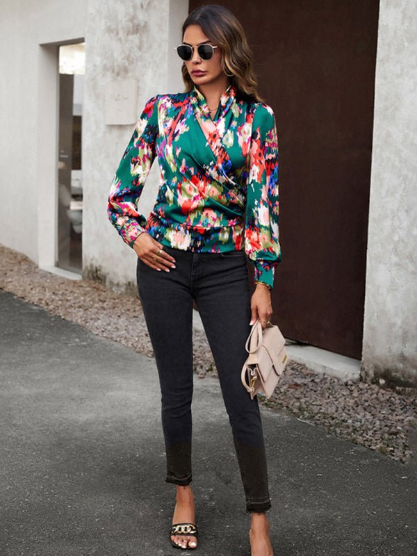 Women's Fashion Trendy Print Bubble Satin Top - Top