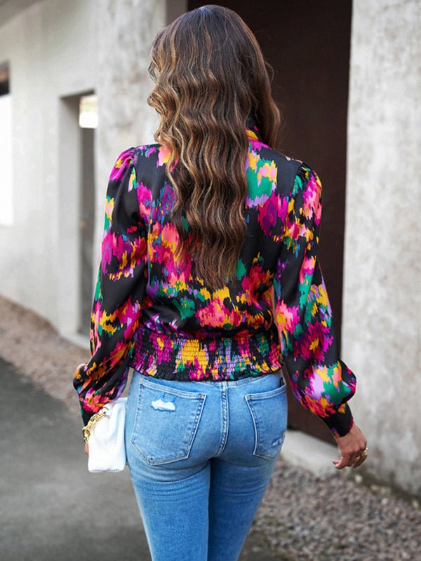 Women's Fashion Trendy Print Bubble Satin Top - Top