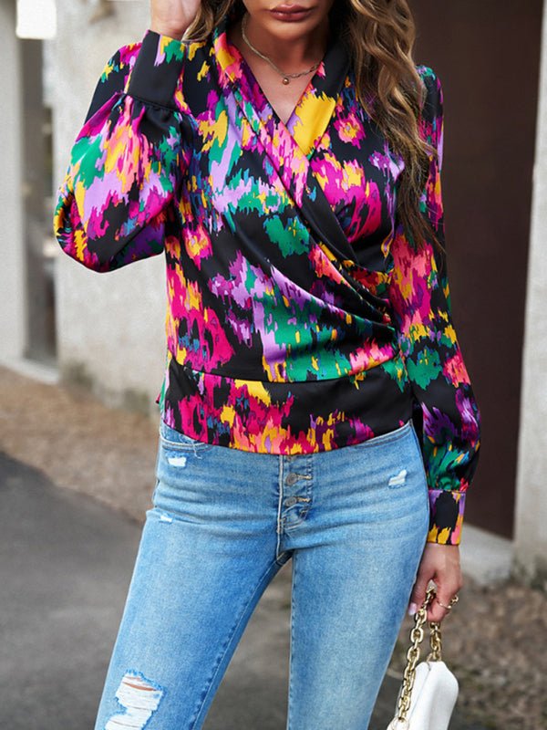 Women's Fashion Trendy Print Bubble Satin Top - Top