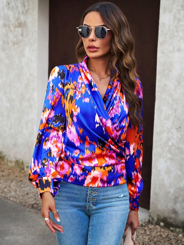Women's Fashion Trendy Print Bubble Satin Top - Top