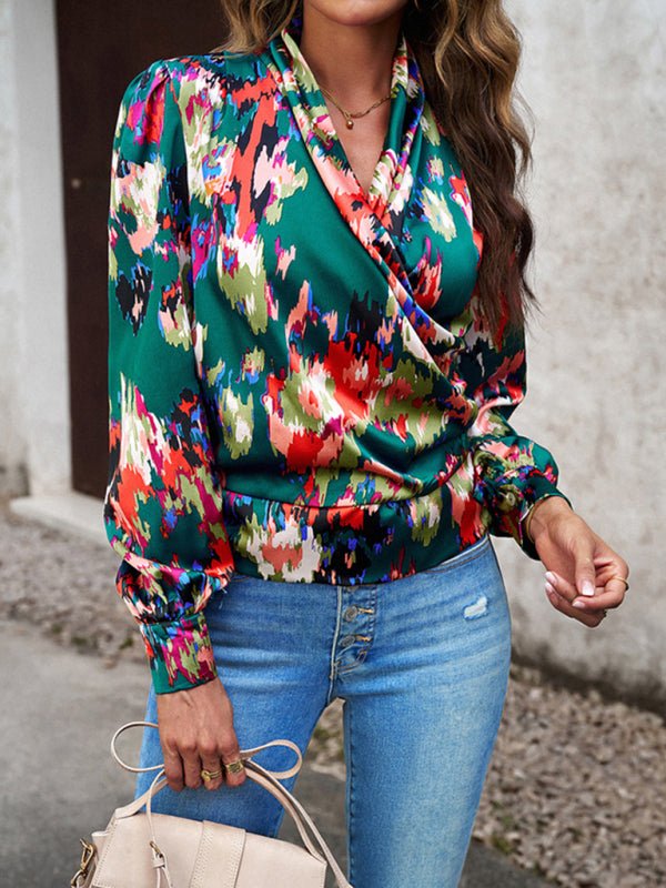 Women's Fashion Trendy Print Bubble Satin Top - Top