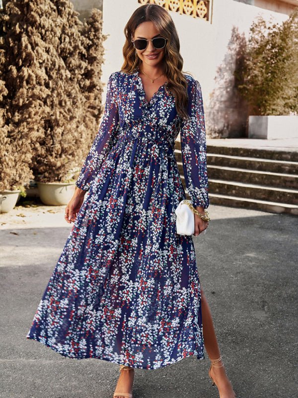 Women's Fashion V Neck Long Sleeves Elegant Chiffon Casual Dress - Casual Dress