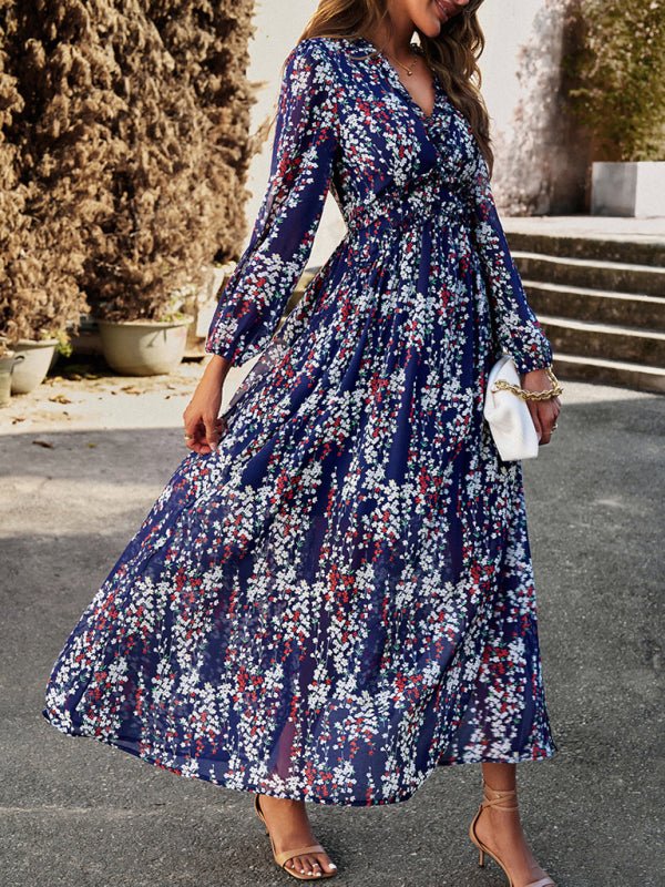 Women's Fashion V Neck Long Sleeves Elegant Chiffon Casual Dress - Casual Dress
