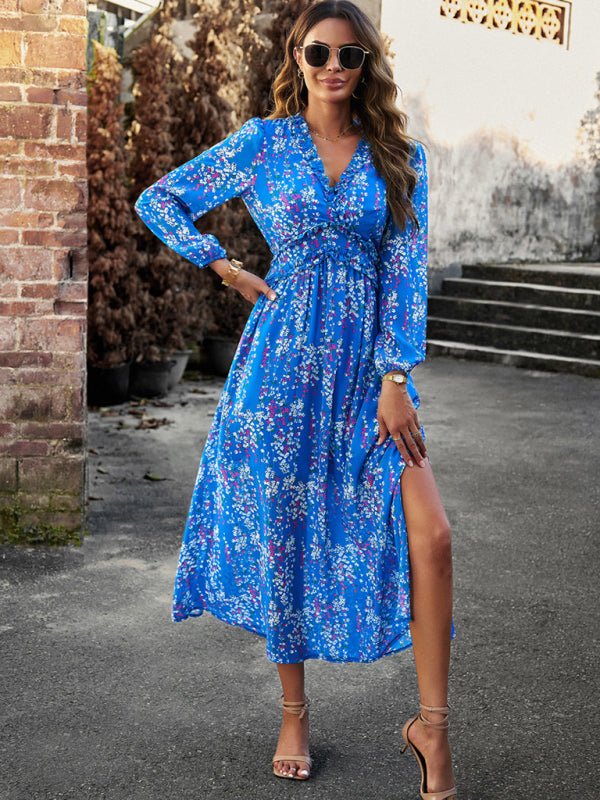 Women's Fashion V Neck Long Sleeves Elegant Chiffon Casual Dress - Casual Dress