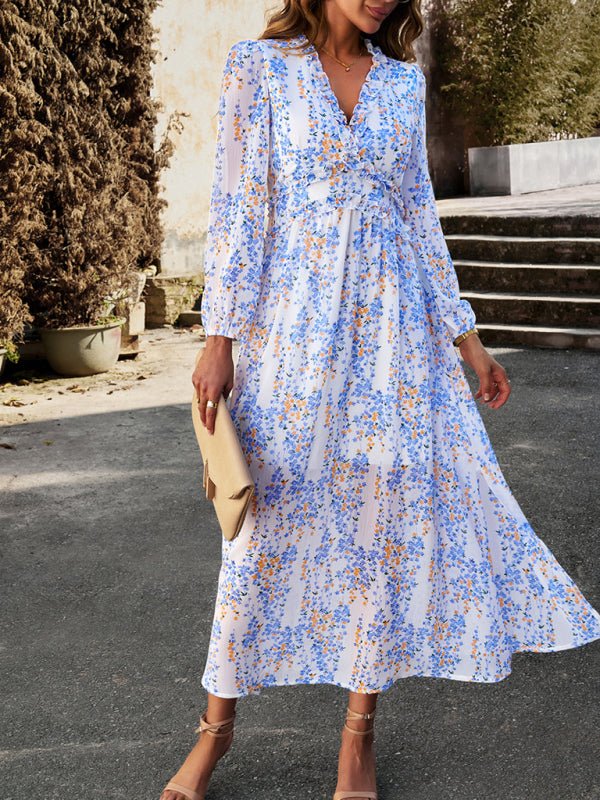 Women's Fashion V Neck Long Sleeves Elegant Chiffon Casual Dress - Casual Dress